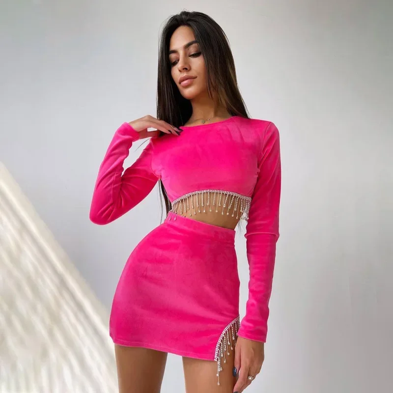 Diamond Fringed Halter Skirt Suit Women Velvet Asymmetric Fashion Elegant Chic Short Top + Fringed Skirt Spring Two-piece Suit
Diamond Fringed Halter Skirt Suit Women Velvet Asymmetric Fashion Elegant Chic Short Top + Fringed Skirt Spring Two-piece Suit