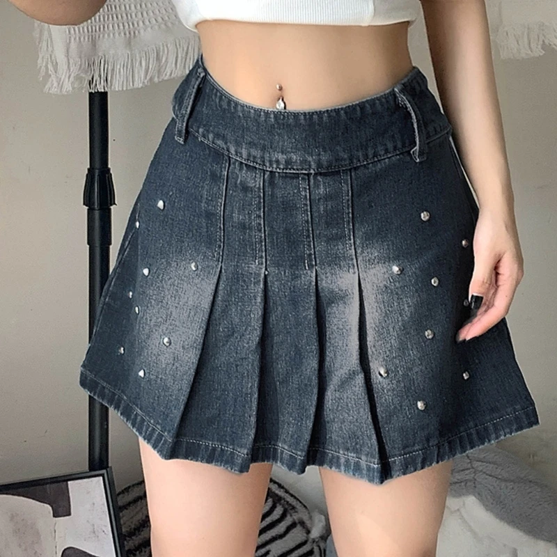 Women Rivet Pleated Mini Denim Skirt Summer Ruffle Short A-Line Jeans Skirts Female Teens Girls Casual Daily Club Streetwear
Women Rivet Pleated Mini Denim Skirt Summer Ruffle Short A-Line Jeans Skirts Female Teens Girls Casual Daily Club Streetwear