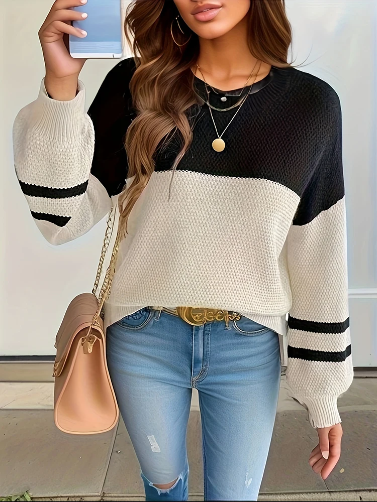 

Women Autumn Winter O-Neck Pullovers Basic Soft Contrast Color Knitted Sweater Simple Casual Fashion Lady Warm Comfortable Top