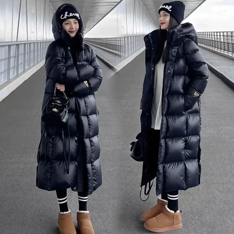 

Winter Women's Down Cotton Coat Long Thicken Womens Couples Black Glossy Puffer Parka jacket Hooded Outwear Large Size Overcoat