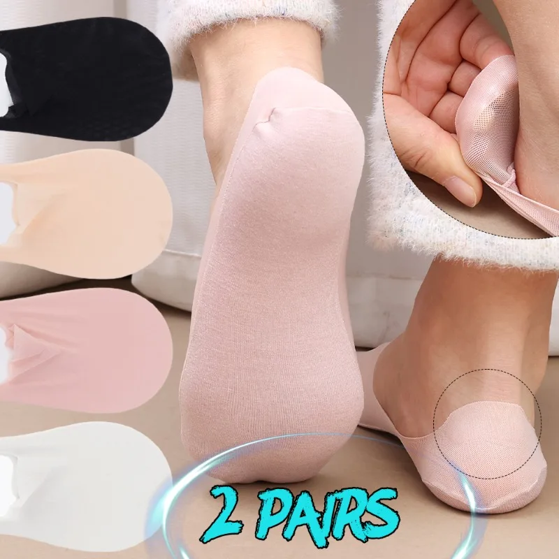 

2pairs Spring Summer Thin Boat Socks Ice Silk Women's Sock Slippers Shallow Mouth Invisible Silicone Non-slip Heel Low Cut Socks