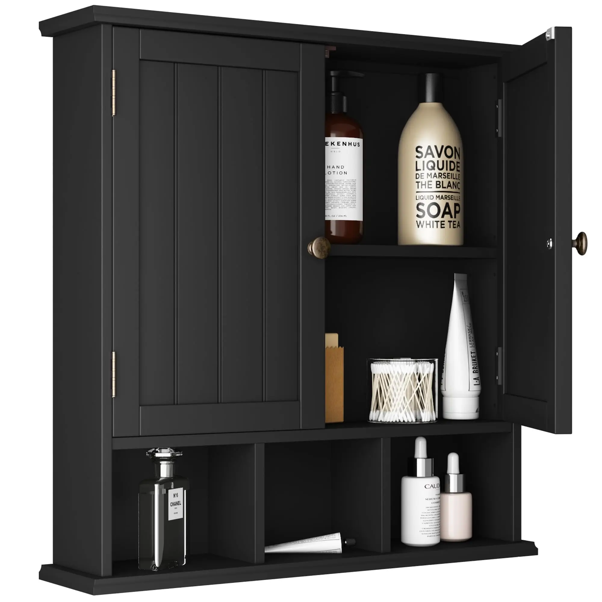 Bathroom Cabinet Wall Mounted - 2-Door with 3 Open Shelves, Wooden, Adjustable Shelf, Black
Bathroom Cabinet Wall Mounted - 2-Door with 3 Open Shelves, Wooden, Adjustable Shelf, Black