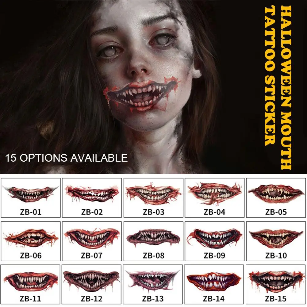 

1Pcs Halloween PVC Tattoo Stickers Horror Lips DIY Makeup Tool Funny Stickers Big Lip Smile Beauty Waterproof Tattoos Mouth L4V3