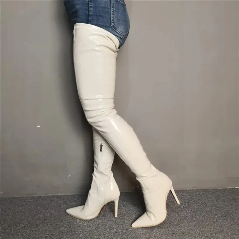 

2024 New Women Thigh High Boots Sexy Stiletto High Heels Boots Nice Pointed Toe Gorgeous Beige Shoes Women Plus US Size 5-15