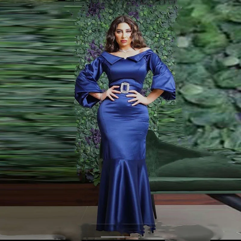Navy Blue Off The Shoulder Evening Gowns Satin Long Sleeves Mermaid Prom Dresses Saudi Arabia Formal Occasion Party Dress
Navy Blue Off The Shoulder Evening Gowns Satin Long Sleeves Mermaid Prom Dresses Saudi Arabia Formal Occasion Party Dress