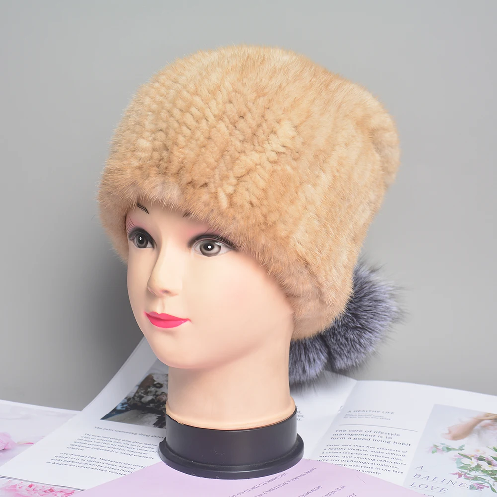 

100% Real Mink Fur Hat Women Winter Knitted Mink Fur Beanies Cap With Fox Fur Pom Poms 2023 Brand New Thick Female Cap Elastic