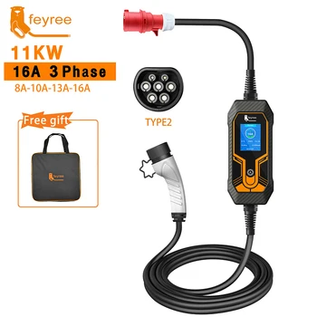 feyree 11KW 16A EV Portable Charger Type2 EVSE Charging Box Electric Car Charger CEE Plug IEC62196-2 Electric Vehicle Charger