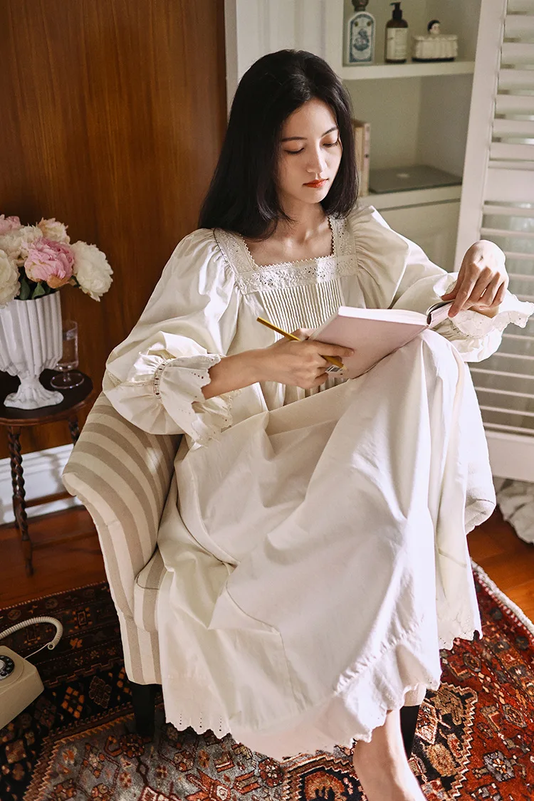 Vintage Soft Cotton Beige Long Nightgowns For Women Long Sleeve Elegant Nightshirts Comfortable Loose Sweet Night Dress 9 Se3cc7fbf6ca842e99151b9beb48ba790Z