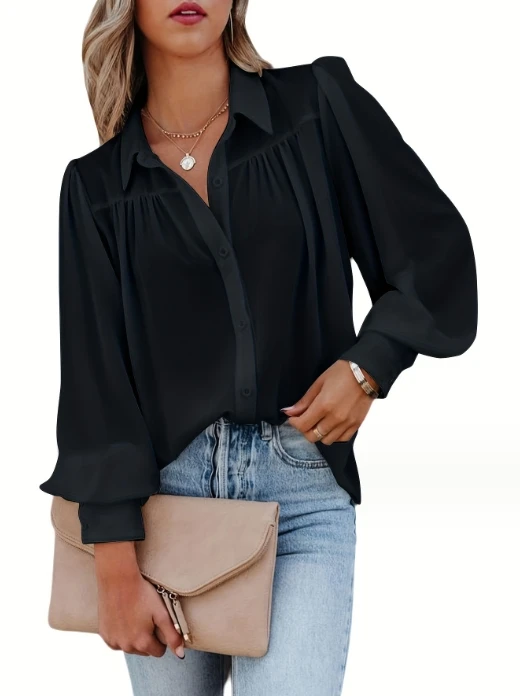 

Fashion Women's Blouses 2023 New Autumn Elegant Simple Lantern Sleeve Pleated Solid Color Stand Collar Loose Shirt for Women