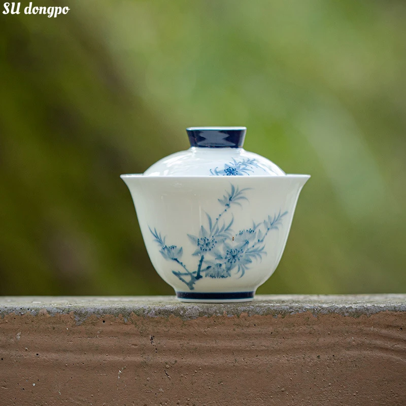 

Jade Clay White Porcelain Hand-painted Blue and White gaiwan Chinese Kungfu Tea Set Household Tea Making Bowl