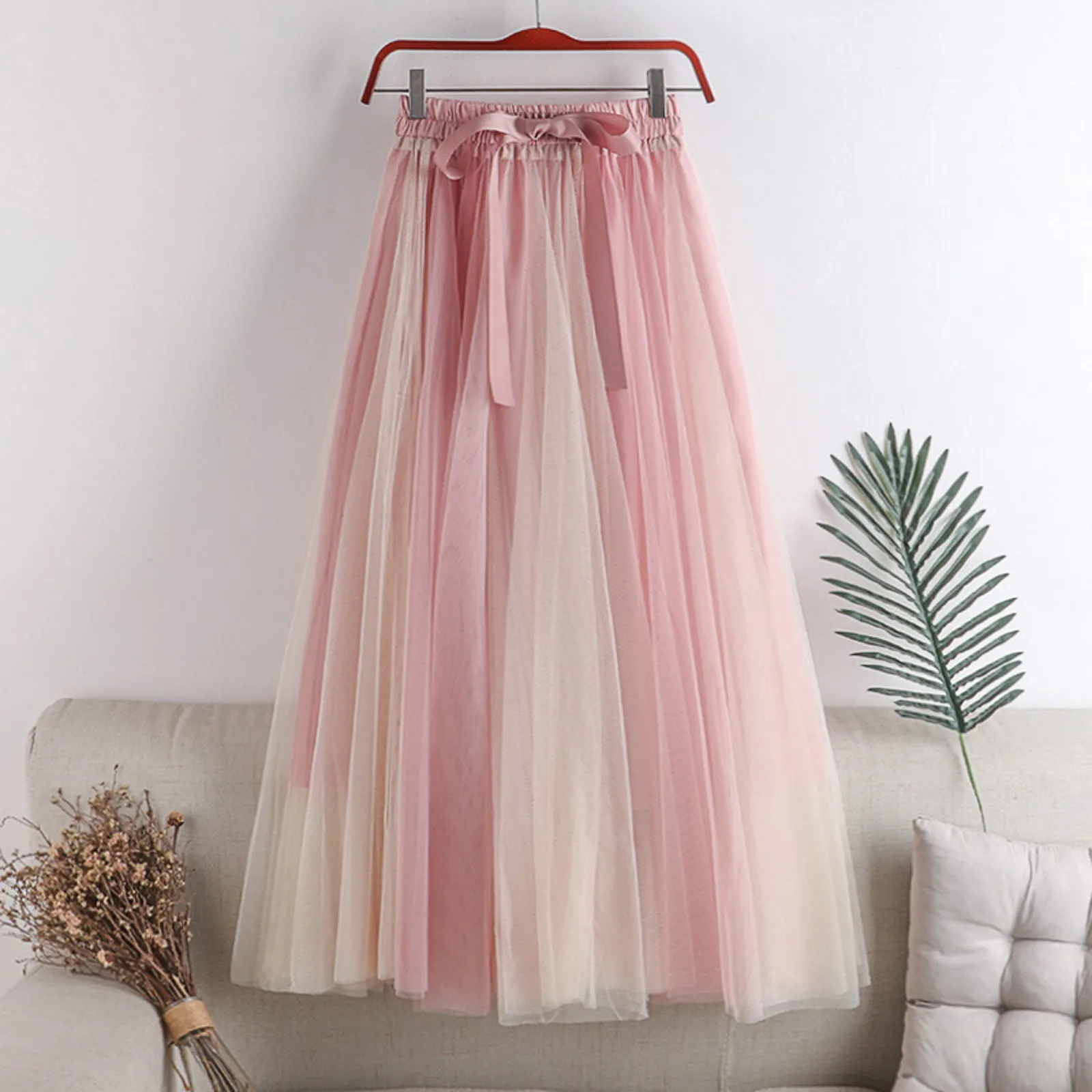 

Women's New High Waist Slim A Line Large Swing Half Body Skirts Fashion Colour Blocking Mesh Skirts Mid Length Puffy Skirts