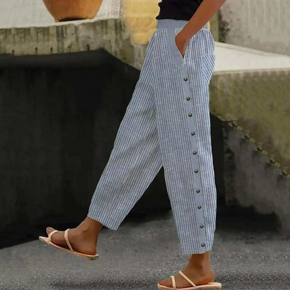 

Women Summer Pants Striped Print Loose Fit Pants with Side Buttons Pockets for Women Mid-rise Elastic Waistband for Summer
