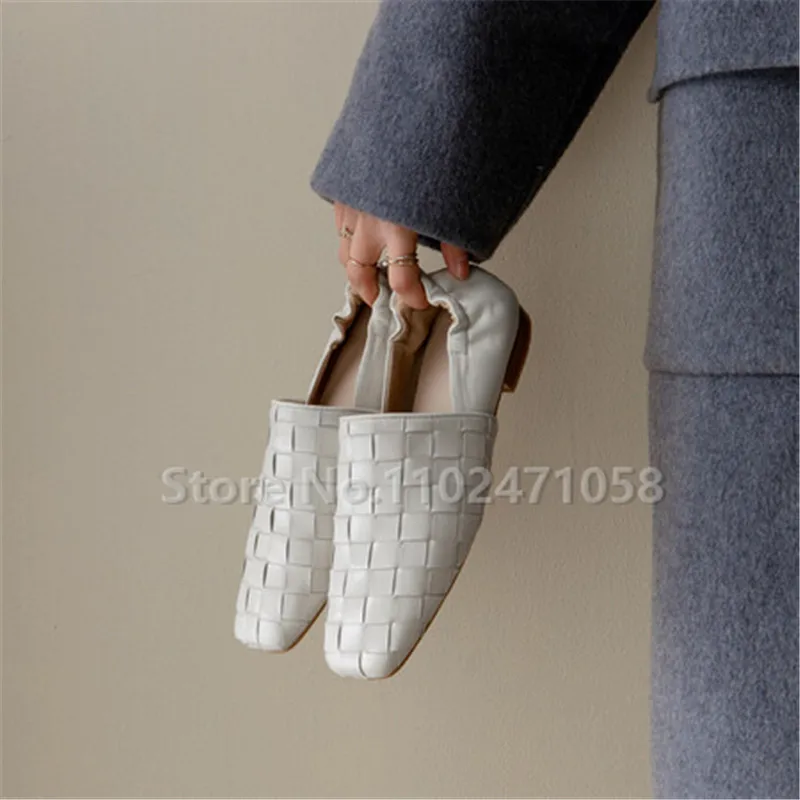 

Genuine Leather Breathable Casual Loafers Retro Roman Weaving Square Toe Women Flats Pumps Fashion Shallow Slip-On Ladies Shoes