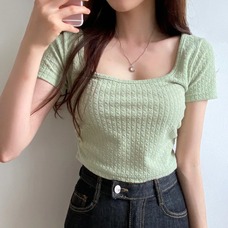 Leisure Women Tops 2022 Summer New Square Neck Knitted Slim Pleated Lace Up Backless Short Sleeve T-Shirt Female Clothing
Leisure Women Tops 2022 Summer New Square Neck Knitted Slim Pleated Lace Up Backless Short Sleeve T-Shirt Female Clothing