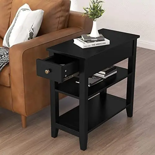 

Стол для гостиной, узкий столик с выдвижным ящиком и полкой, 3-уровневый Диванный столик для небольшого пространства, Белый Маленький журнальный столик