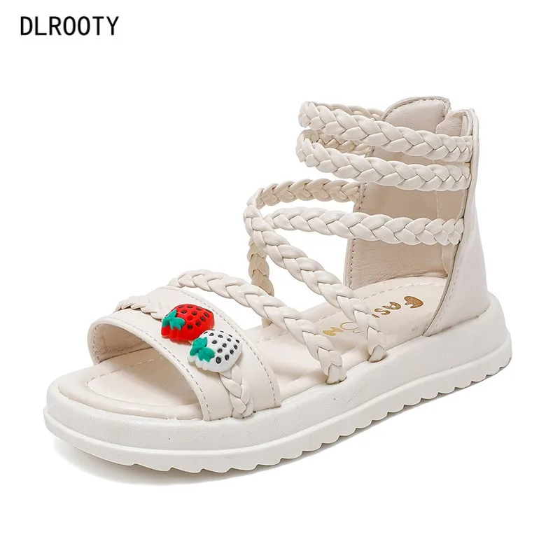 

Girls Roman Sandals Open Toe Braided Solid Color High-top Simple Rivets New Summer Hollow Flat Casual Shoes Kids Fashion Casual