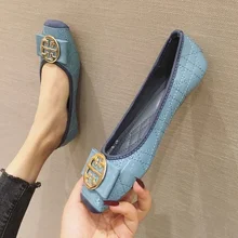 Elegant High-end Womens Flat Bottom Work Shoes Blue Work Shoes Designer Style Rhinestone Leisure Commuter Womens Shoes