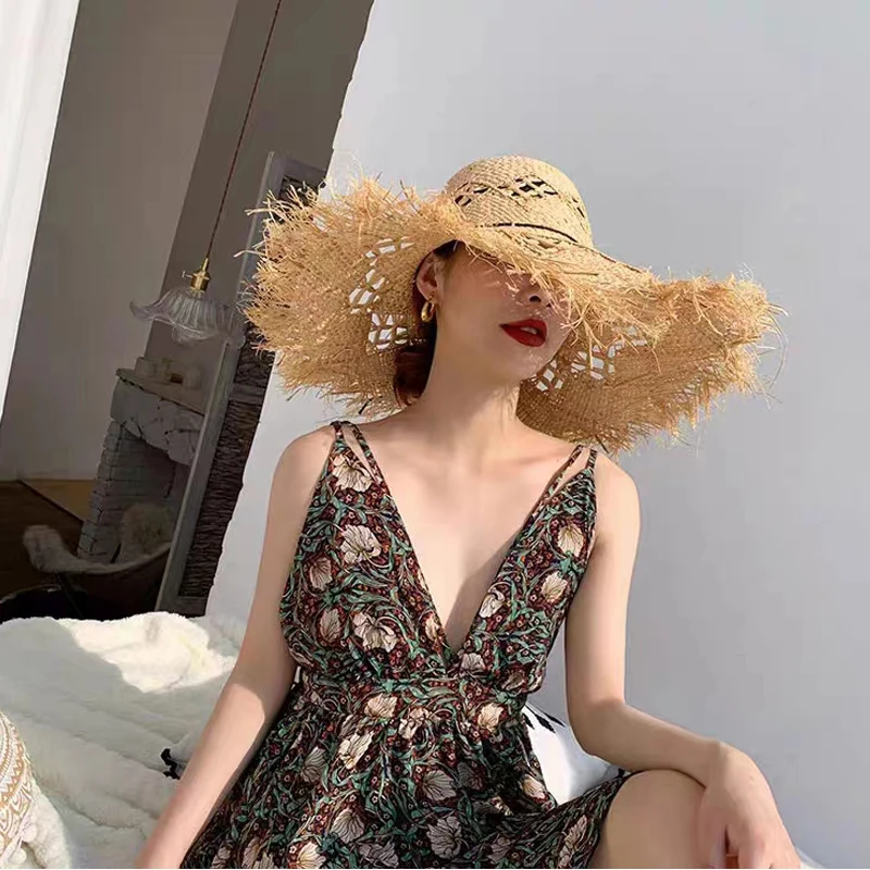 

Summer Natural Raffia Sun Hat for Women Wide Brim Fashion Ribbon Floppy Shade Straw Hat Girl Outdoor Vacation Beach Hat Panama