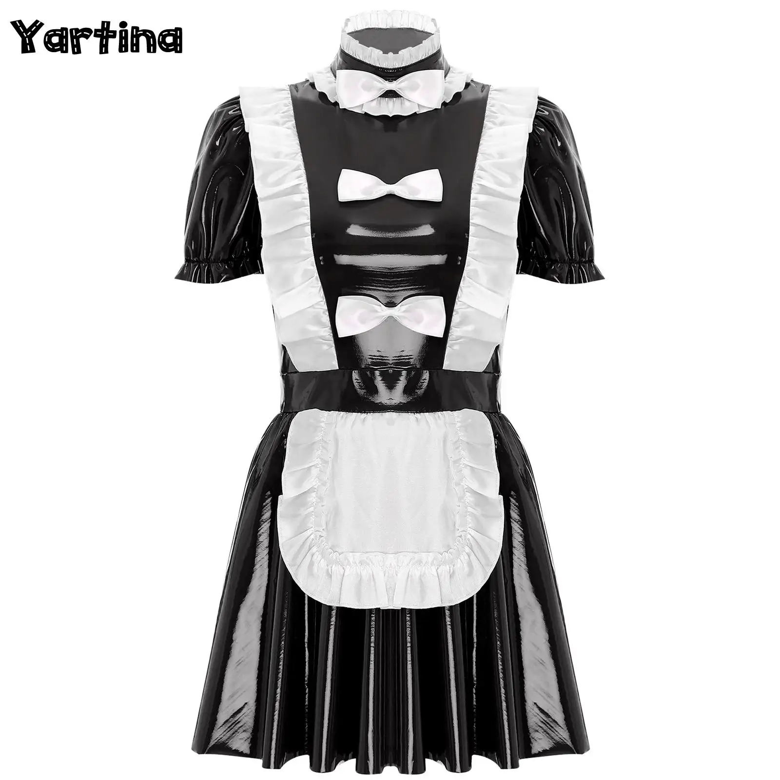 

Womens Glossy Patent Leather Maid Cosplay Dress Naughty Maid Uniform Clubwear Ruffles Trims Bow Apron Puff Sleeve A-Line Dress