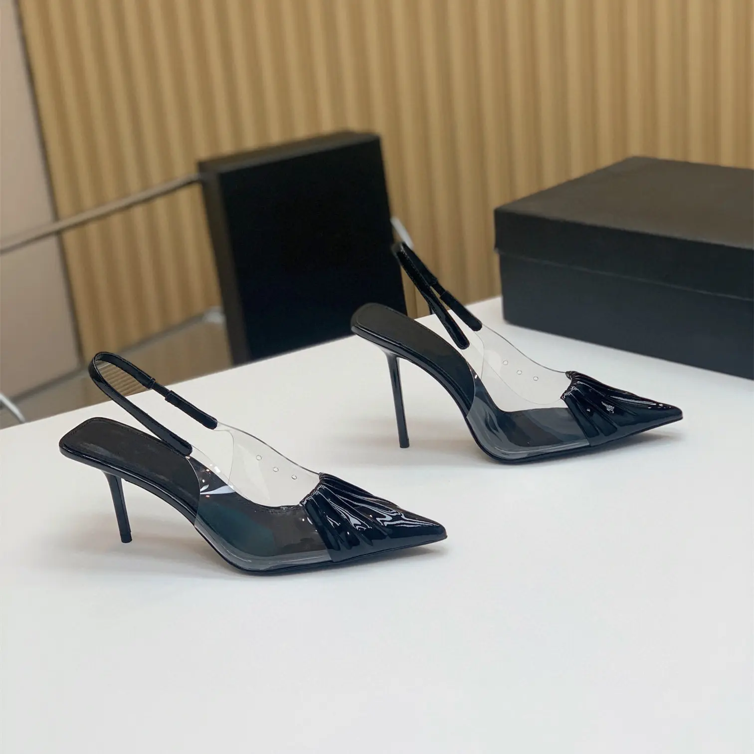 

Casual Designer Lady Fashion Women Shoes Black Leather Pvc Clear Pointy Toe Stiletto Stripper High Heels Slingback Prom Evening