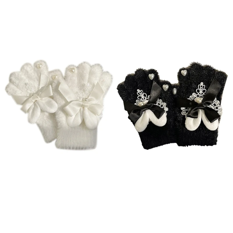 

Перчатки с длинными пальцами и милыми кроличьими ушками для девочек в стиле «лолита», вязаные теплые эластичные варежки, женские зимние перчатки для катания на лыжах и велоспорта