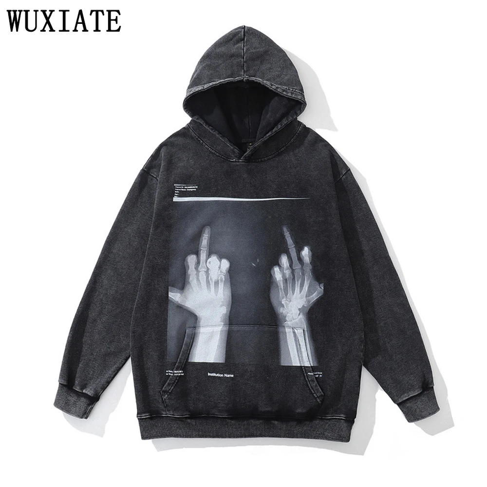 

WUXIATE Hoodie Streetwear Vintage Skeleton Skull Print Oversize Punk Gothic Hooded Sweatshirt Harajuku Casual Loose Washed Tops