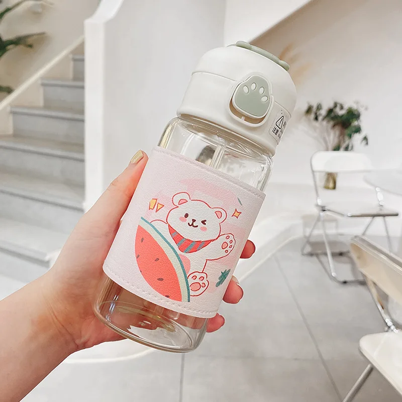 Kawaii Cartoon Glass Water Bottle with Straw 13oz Kawaii Cartoon Glass Water Bottle with Straw 13oz