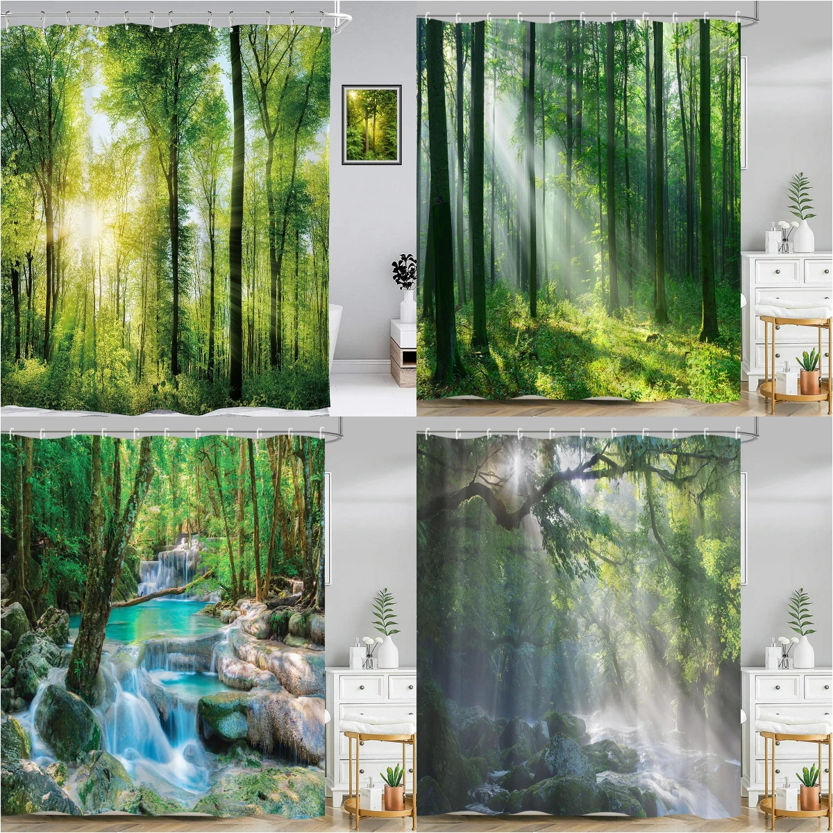 

Modern Forest Shower Curtain 3D River Waterfall Sunshine Mountain Springs Outdoor Garden Jungle Polyester Fabric Bathroom Decor