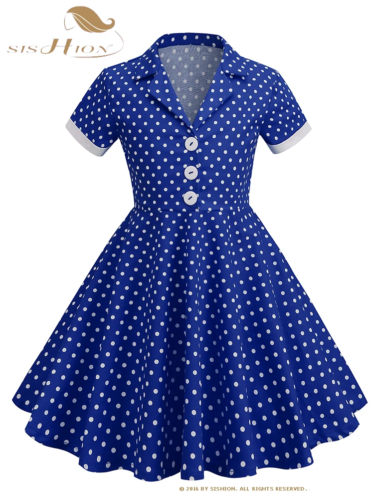 

SISHION Summer Vintage Fashion Polka Dots Print Kids Girl Dresses VD3800 Red Blue Elegant Party Cotton Children Dress Girls