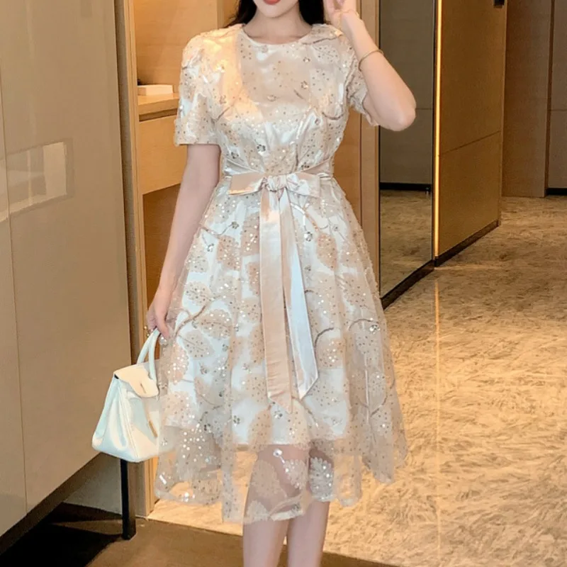 

Bing Sequin Embroidery Apricot Dress Women Summer Elegant Evening Party Dresses Lady Runway Design O-neck Vestido