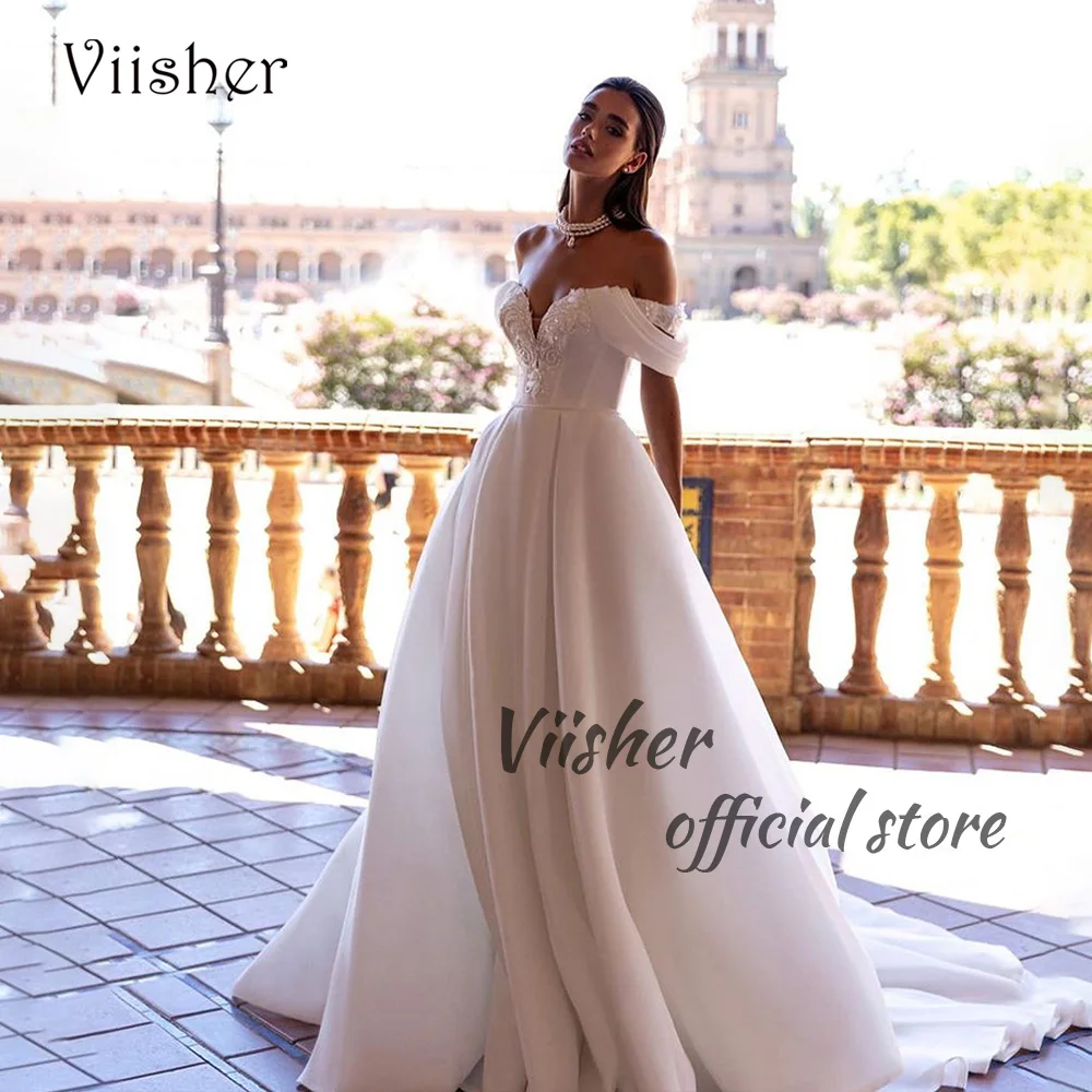 

Viisher свадебное платье принцессы es с открытыми плечами кружевные аппликации с V-образным вырезом винтажные Свадебные платья со шлейфом длинное свадебное платье для церкви