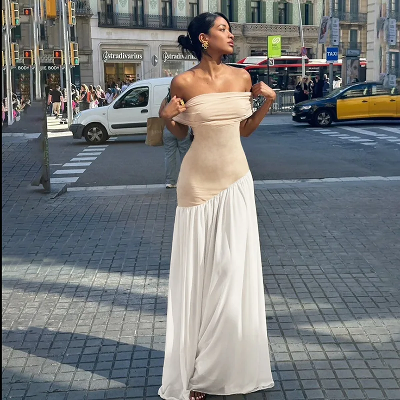 2024 Summer Elegant Patchwork Contrast Colors Strapless Long Dress Women Sexy Slash Neck Backless Slim Casual Streetwear Robe 
2024 Summer Elegant Patchwork Contrast Colors Strapless Long Dress Women Sexy Slash Neck Backless Slim Casual Streetwear Robe