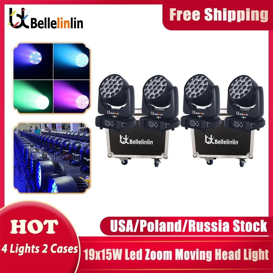 

No Tax 4x LED 19x15W RGBW 4in1 Wash +Zoom Beam Moving Head Lighting with Flightcase for DJ Disco KTV Bar Nightclub Stage Light