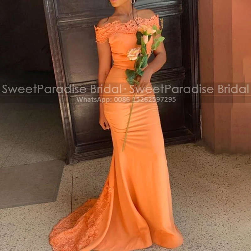 Trumpet Lace Appliques Bridesmaid Dresses Off Shoulder Long Mermaid Orange Satin Maid Of Honor Wedding Party Dress
Trumpet Lace Appliques Bridesmaid Dresses Off Shoulder Long Mermaid Orange Satin Maid Of Honor Wedding Party Dress