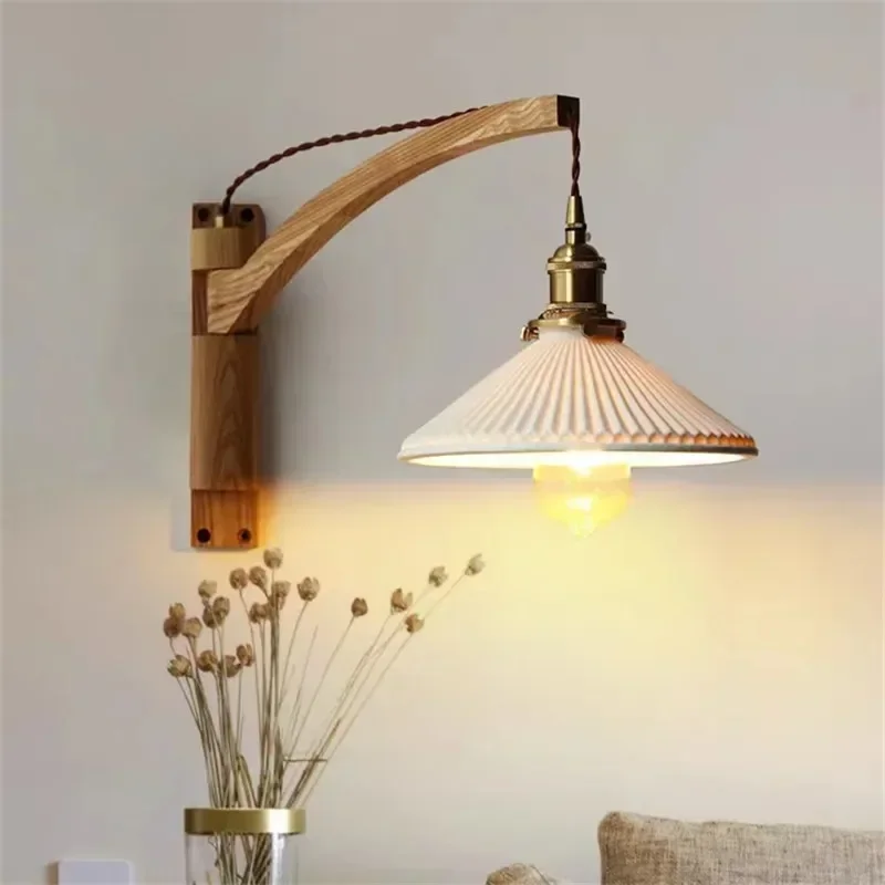 

Japanese wooden wall light Adjustable mid century lamp ceramics lampshade Bedroom Bedside Vintage Retro reading light