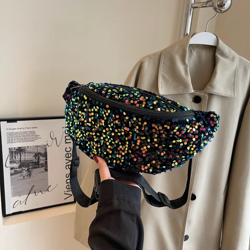 

2024 новая дизайнерская поясная сумка, Роскошная сумочка с блестками, кошелек, вместительная нагрудная сумка через плечо, Универсальная Женская поясная сумка-банан