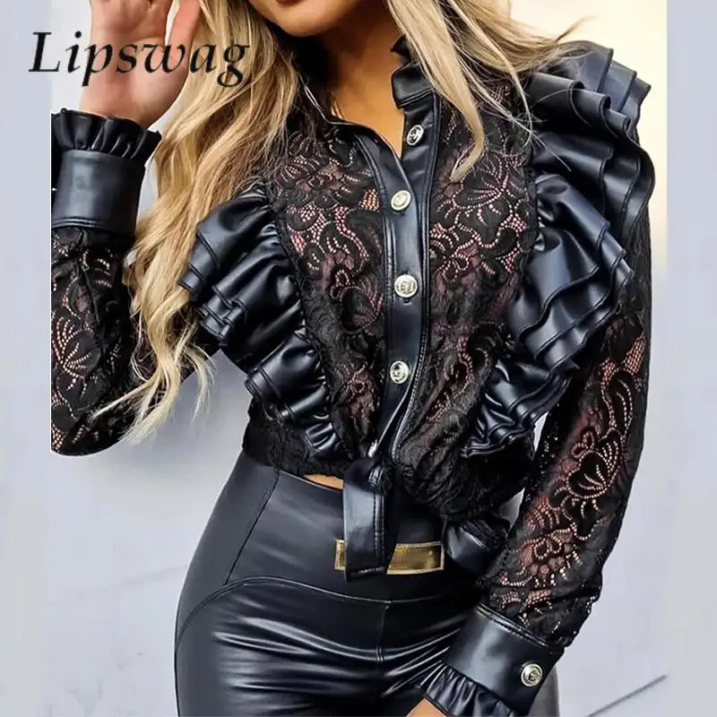 Fashion Commuting Ruffles Hollow Lace Blouse Elegant Button Patchwork PU Leather Shirt Women Casual Retro Long Sleeve Tops Blusa
Fashion Commuting Ruffles Hollow Lace Blouse Elegant Button Patchwork PU Leather Shirt Women Casual Retro Long Sleeve Tops Blusa