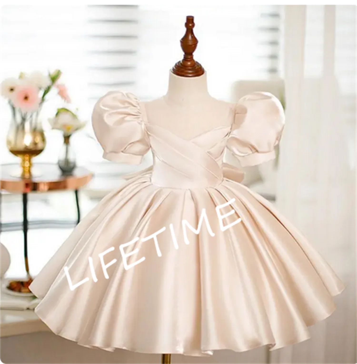 

Handmade Champagne Satin Baby Girl First Birthday Dress Tutu Puffy Christmas Dresses Little Baby Baptism Gowns