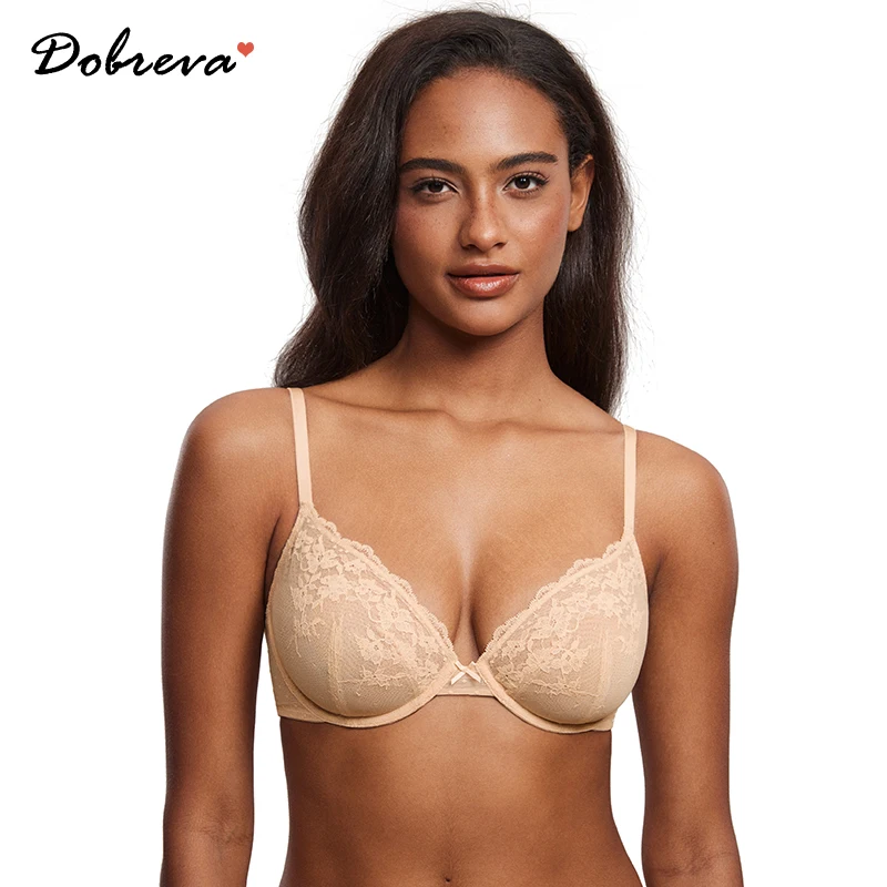 

DOBREVA Women's Sexy Mesh See Through Floral Lace Bra Plus Size Plunge Underwire Bras Unlined Sheer