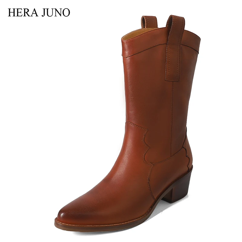 

HERA JUNNO Women's Pointed Toe Western Cowgirl Pull On Heels Chunky Boots for Women Mid Calf Cowboy Heeled Boot Womens Leather