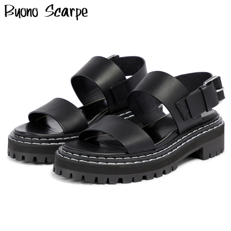 

Black Rome Buckles Sandals Sewing Casual Punk Platform Summer Shoes Genuine Leather 2022 Women Flat Shoes Ladies Sandalias Mujer