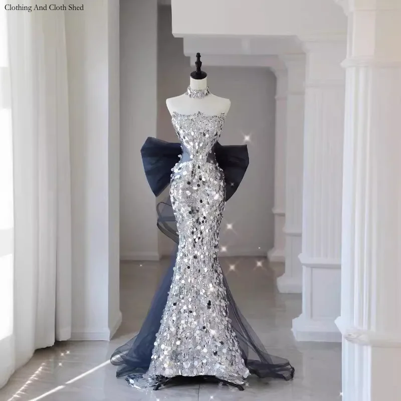 

New Elegant Strapless Sequin Slim Fitting Fishtail Evening Dress Master of Ceremonies Arts Examination Wedding Toasting Attire