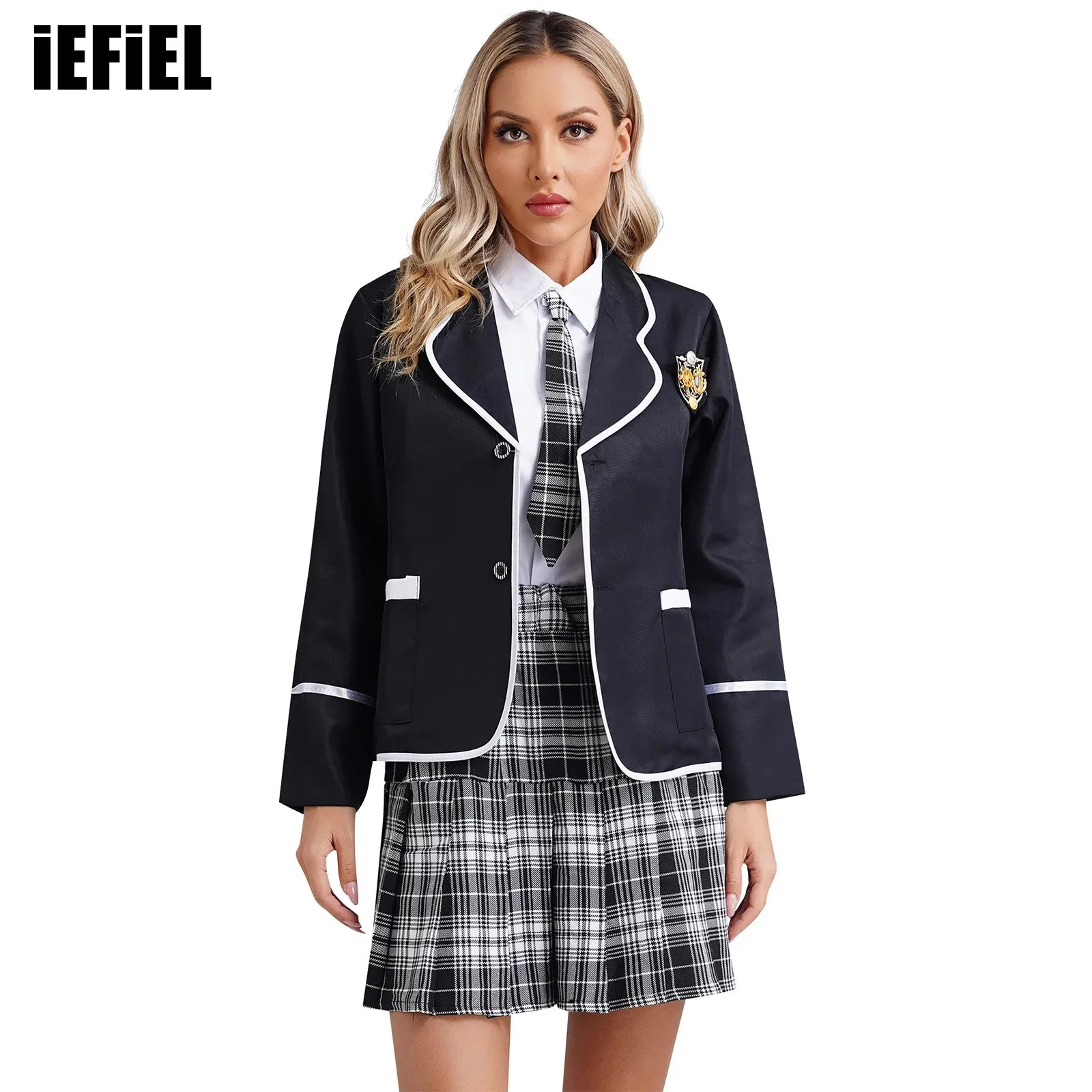 

Womens British Style Schoolgirl Uniform Long Sleeve Waisted Shirt with Necktie Badge Brooch Pleated Skirt Halloween Costumes