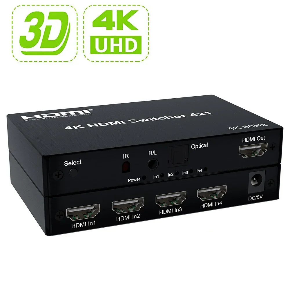 

4K 60Hz 4x1 Switcher 4 In 1 Out HDMI 2.0 Switch Video Selector with Audio Extractor HDCP2.2 3D for PS3 PS4 Camera To TV Monitor