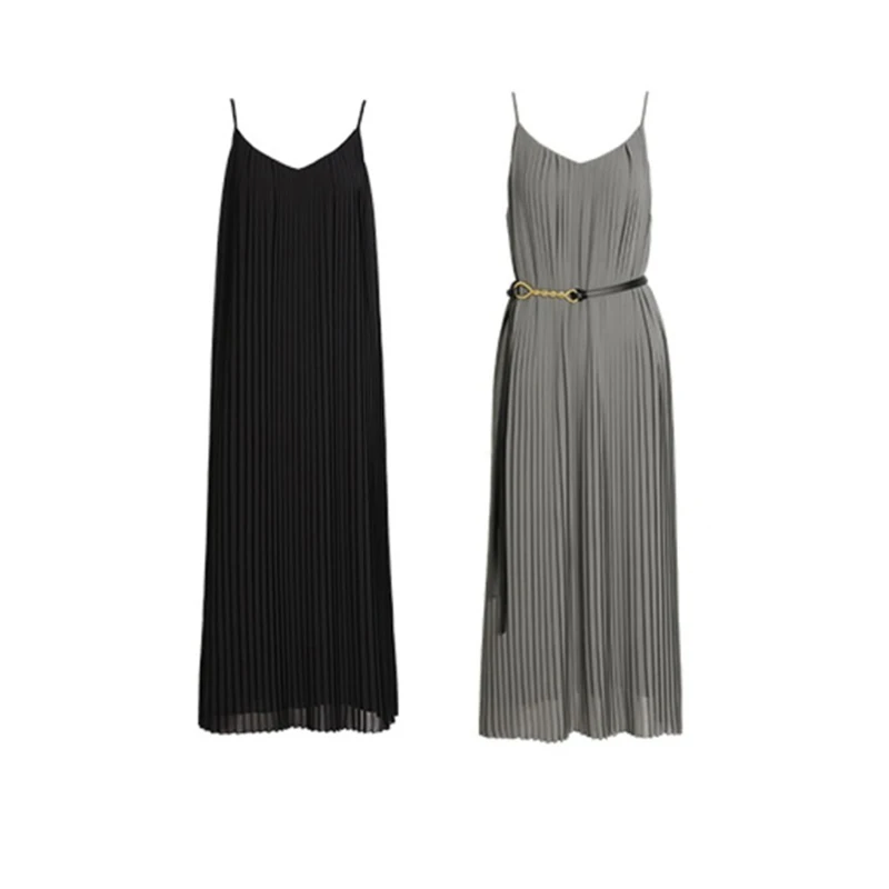 Organ pleated suspender with pleats to hide flesh and show slimming and loose fitting casual long dress,
Organ pleated suspender with pleats to hide flesh and show slimming and loose fitting casual long dress,