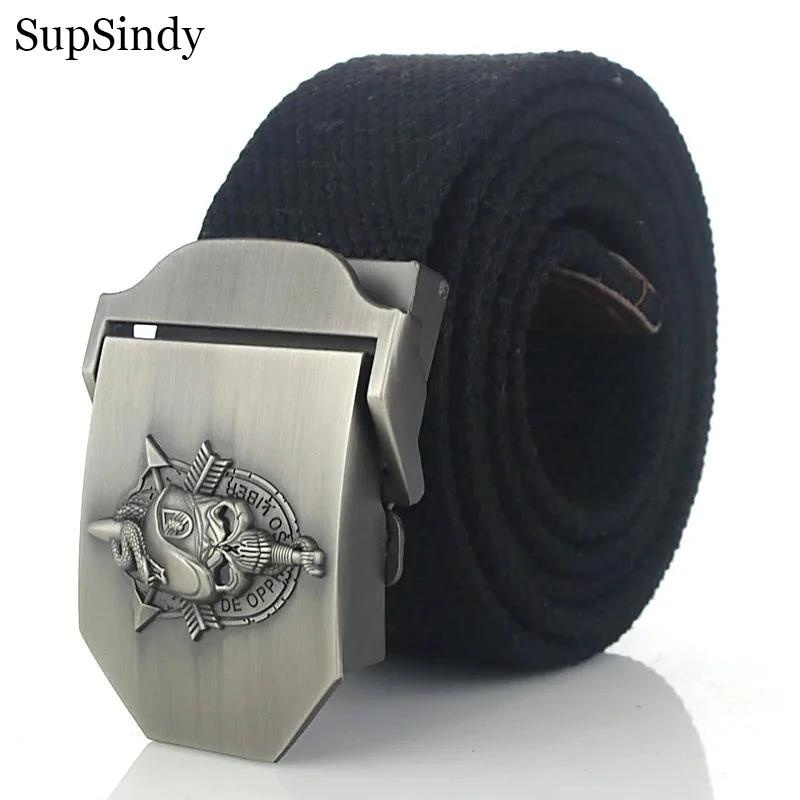 

SupSindy Men Canvas Belt Luxury Skull Metal Buckle Army Military Tactical Belts for Men Jeans Waistband Soldier Male Strap Black