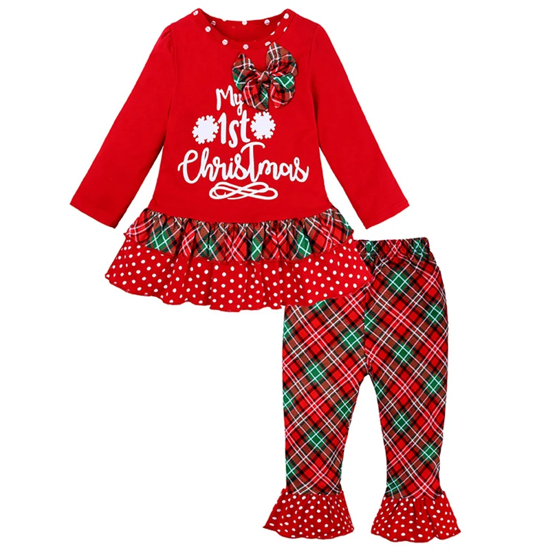 

2Piece Spring Christmas Baby Clothes Girls Outfit Sets Cute Bow Letter Long Sleeve Cotton Tops+Flare Pants Kids Clothing BC1967