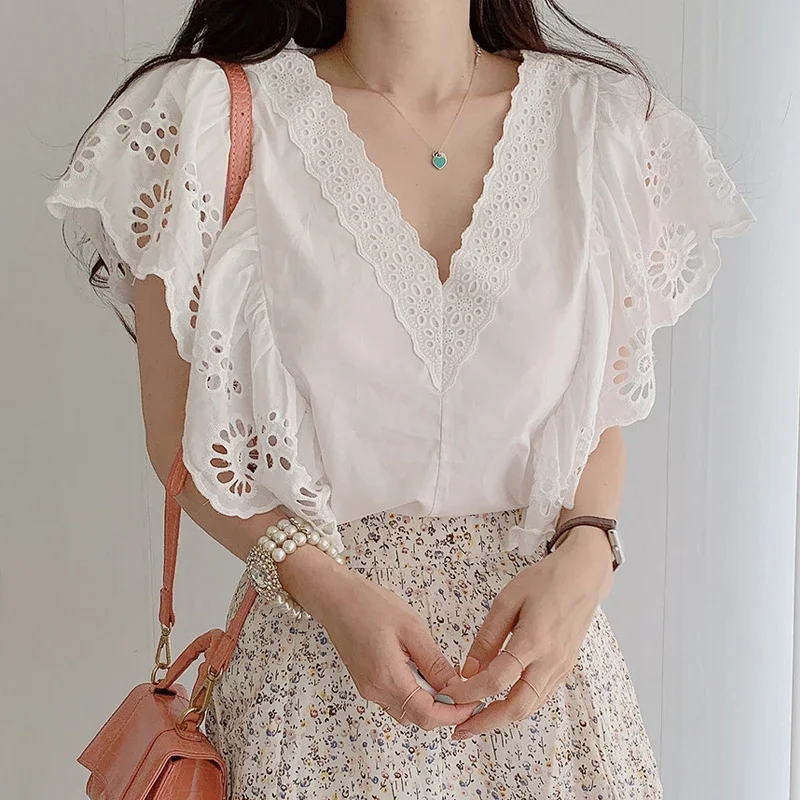 

2022 Summer Short Sleeve Women Tops Korean Embroidered Hollow Out Ruffle Lace Shirt Deep V-neck Loose Solid Blouse Elegant 13947