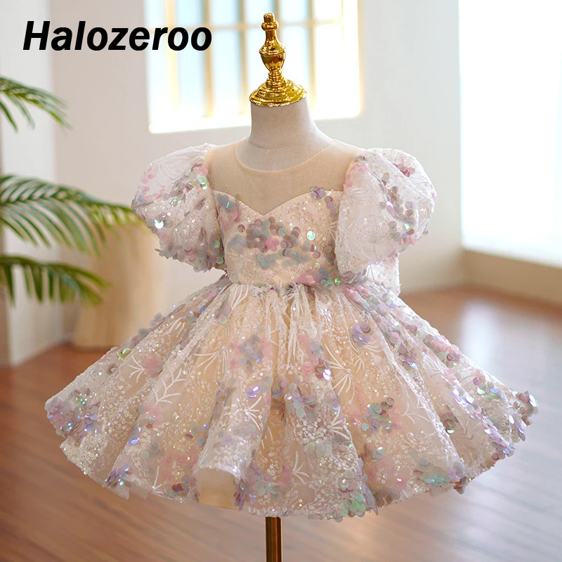 

Baby Girls Princess Vintage Bling Dress Children Brand Dresses Kids Bow Wedding Party Birthday Tutu Dress Puff Sleeve Clother