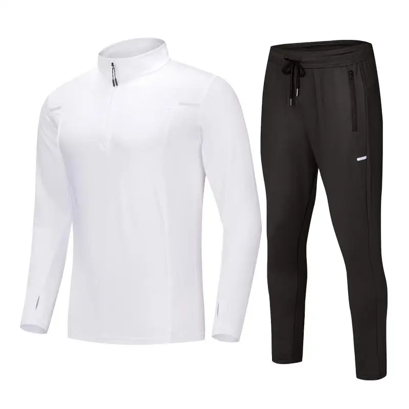 

Men's Winter Training Set 90% Polyester 10% Spandex Stretch Tracksuit Fitness Quarter Zip Jacket with Thumb Hole Skinny Pants